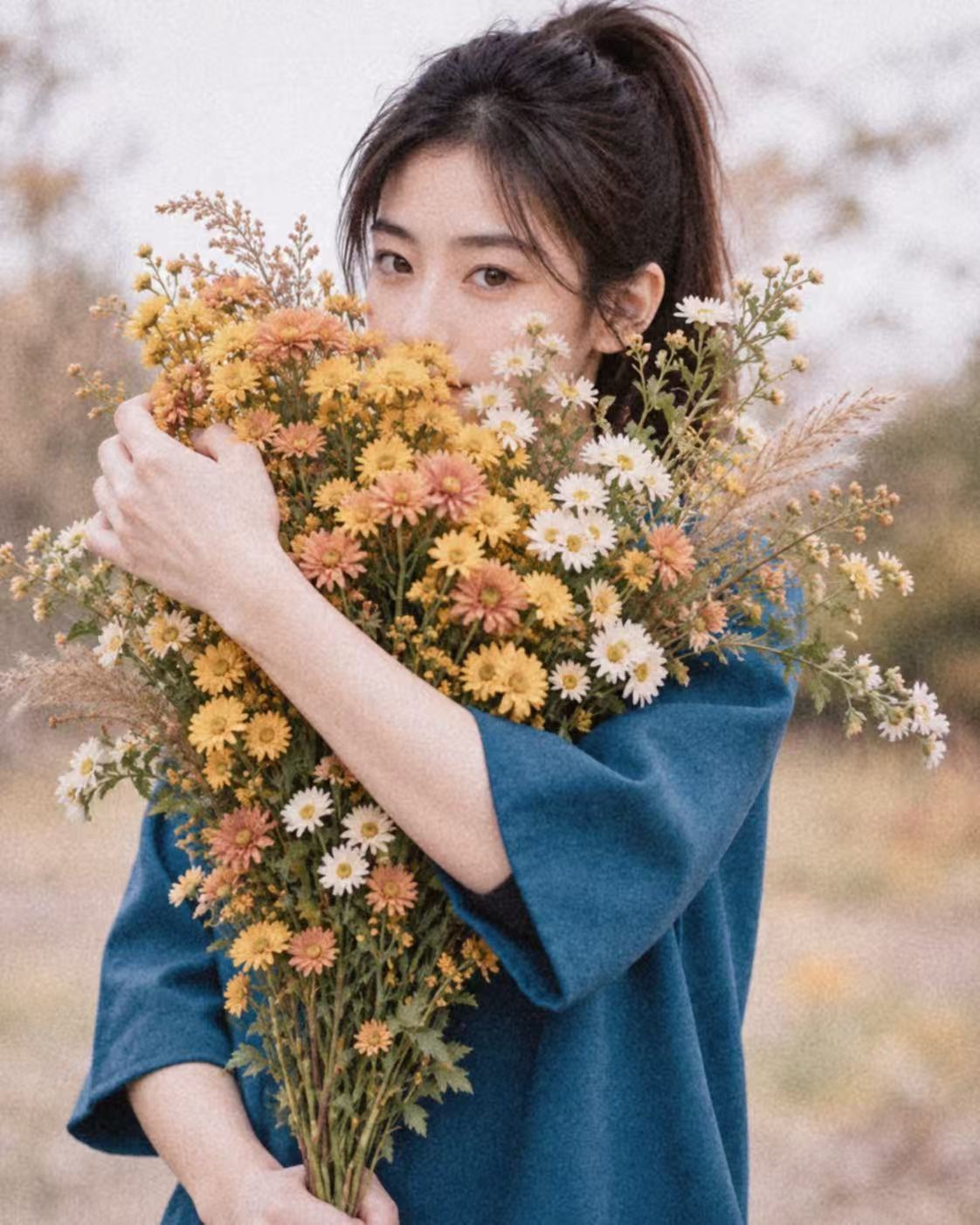 TEVIA扎着马尾，身穿蓝色上衣，怀抱黄白色花束望向镜头