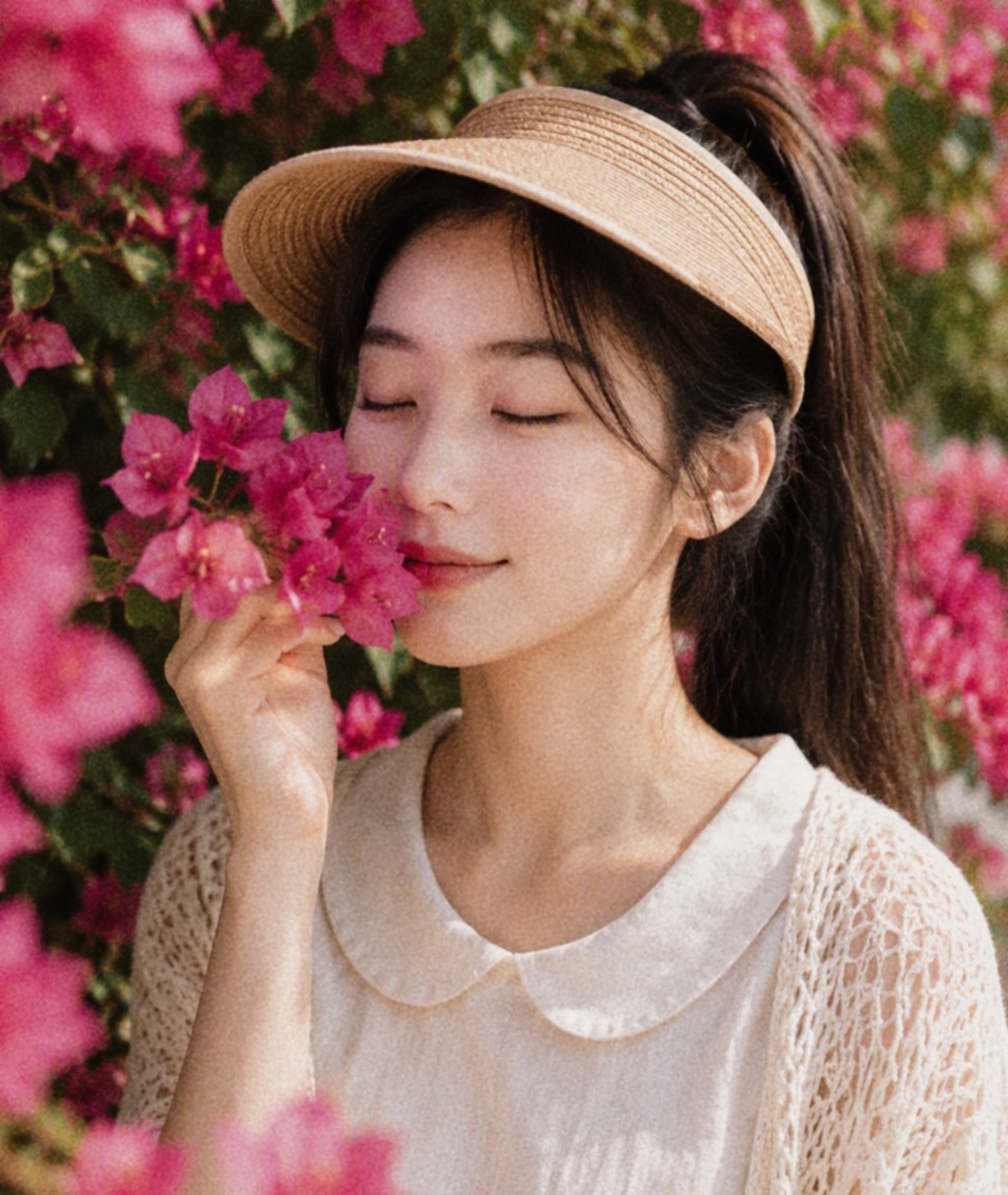 缇薇雅戴草编空顶帽、扎高马尾，在三角梅花丛中闭眼闻花