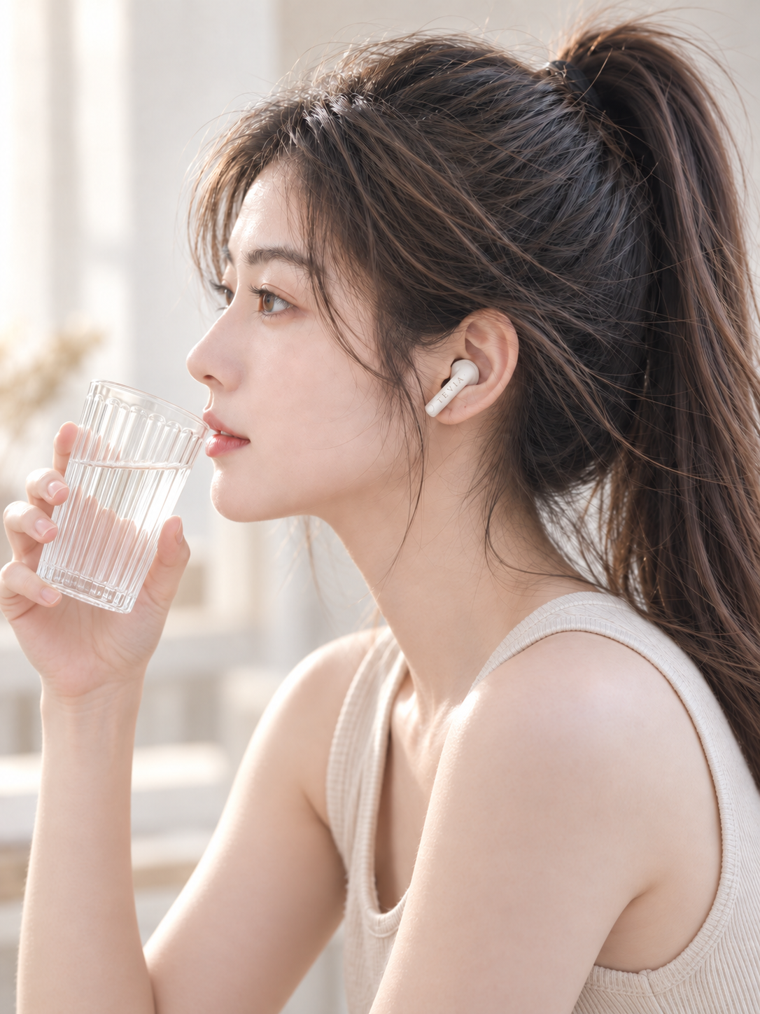 缇薇雅戴着TEVIA耳机，侧身举起透明玻璃杯
