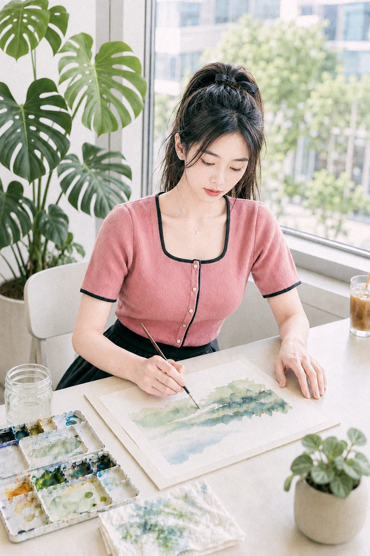 缇薇雅穿粉色针织上衣，在窗边低头画水彩风景，桌上放着调色盘与清水罐